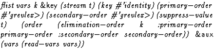 $\textstyle\parbox{\pboxargslen}{\em flist vars k {\sf \&key} (stream
 t) (key
 ...
 ...ondary$-$order
 secondary$-$order)) {\sf \&aux} (vars
 (read$-$vars
 vars)) \/}$