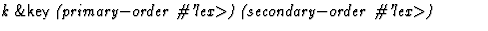 $\textstyle\parbox{\pboxargslen}{\em k {\sf \&key} (primary$-$order
 \char93 'lex$\gt$) (secondary$-$order
 \char93 'lex$\gt$) \/}$